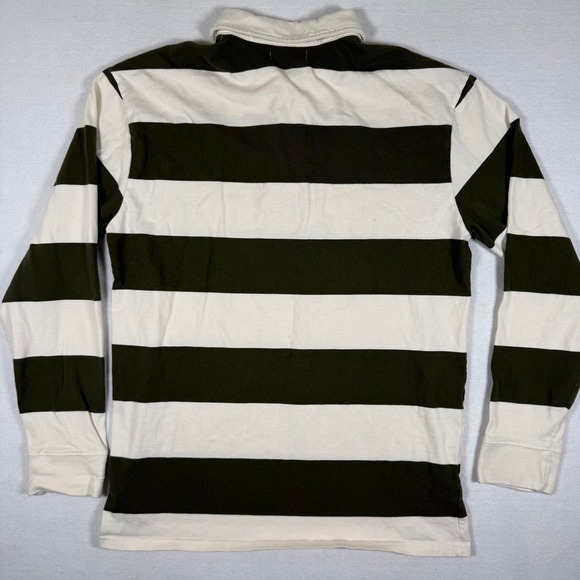 RSQ Mens Long Sleeve Rugby Shirt Olive Green Cream Striped Cotton Polo Large - Picture 9 of 9